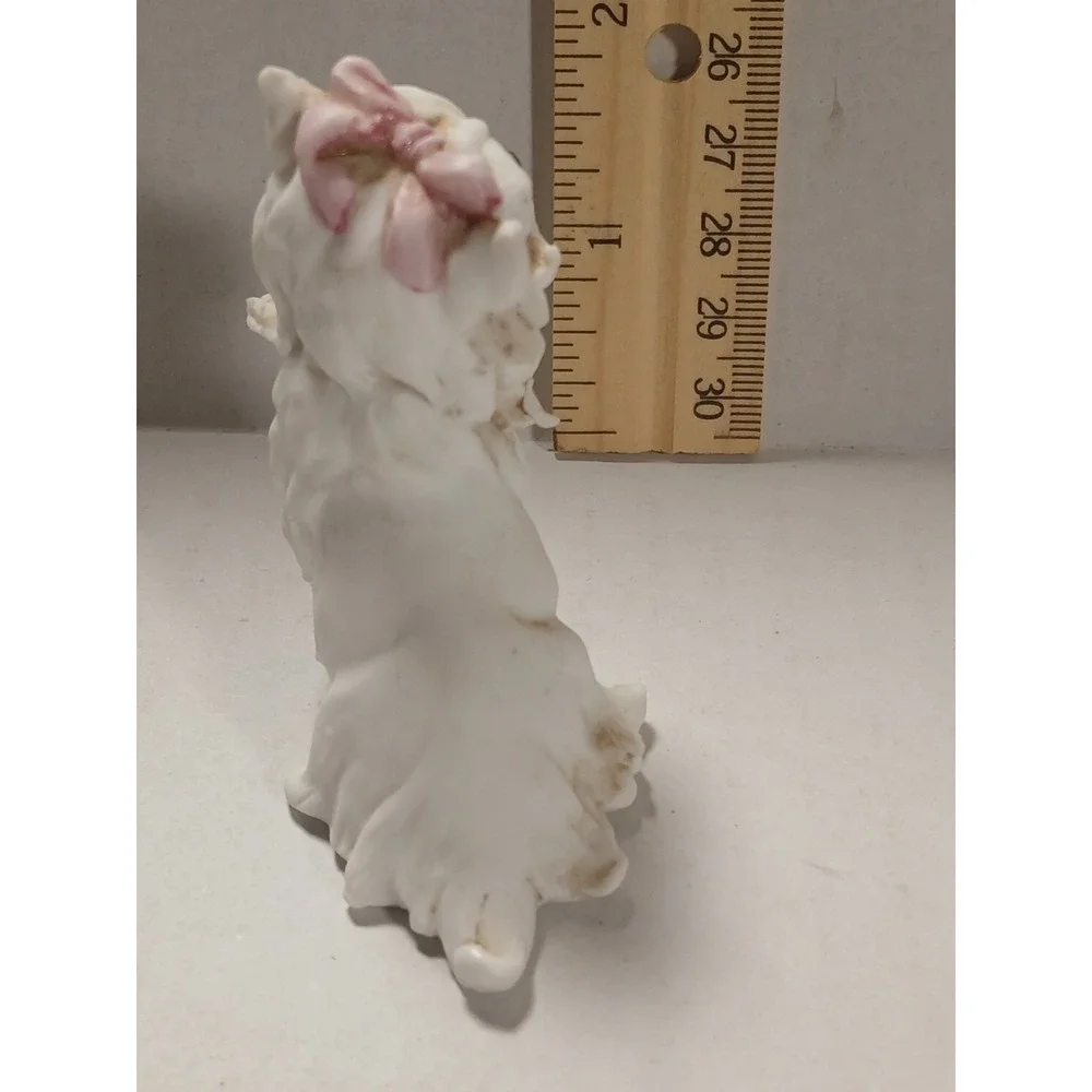 Antique Porcelain‎ White Pink Bow Dog Italian Figurine, Tiche Company,